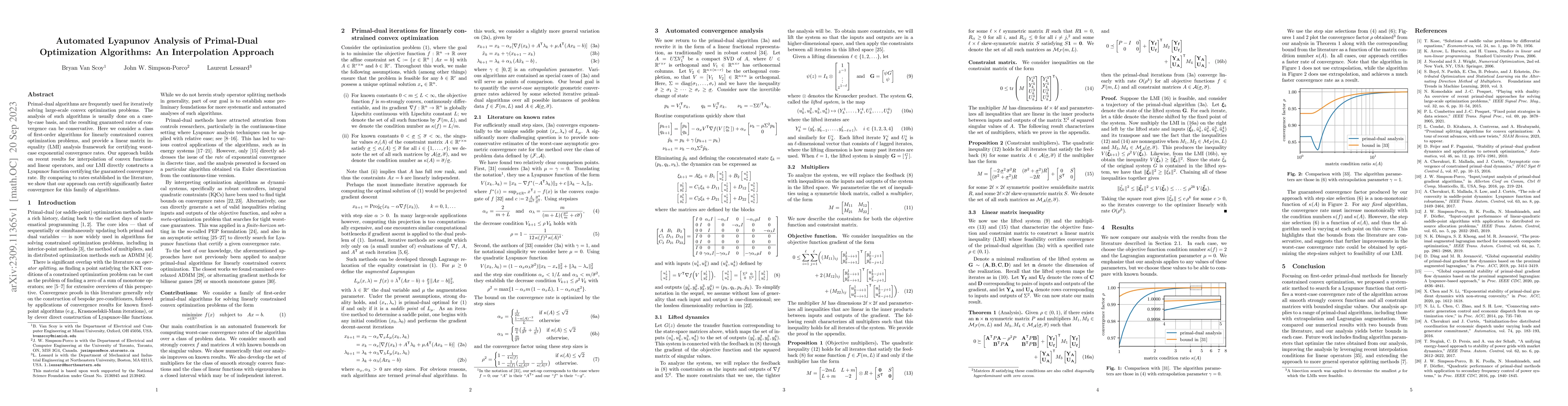 Thumbnail for Automated Lyapunov Analysis of Primal-Dual Optimization Algorithms: An
  Interpolation Approach
