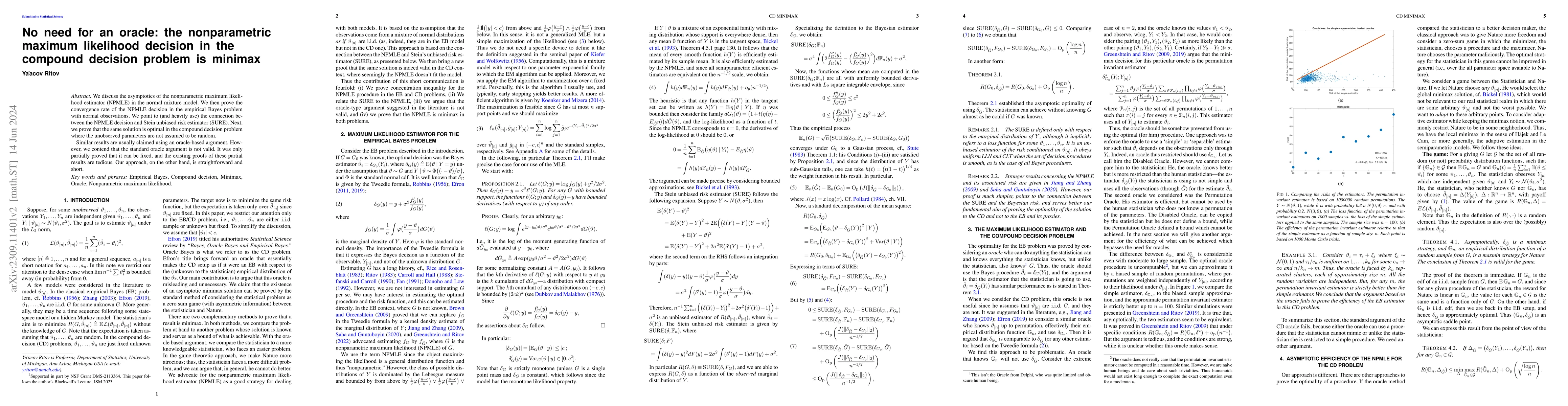 Thumbnail for No need for an oracle: the nonparametric maximum likelihood decision in
  the compound decision problem is minimax