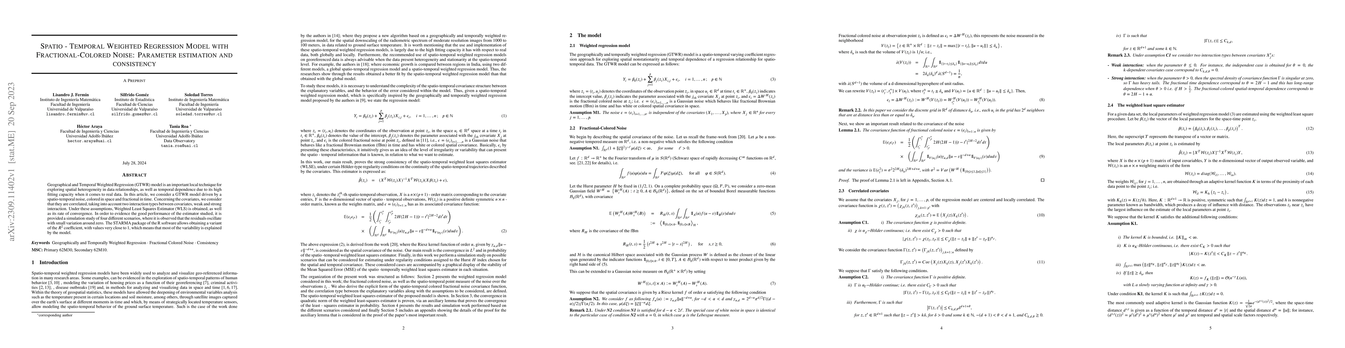 Thumbnail for Spatio-Temporal Weighted Regression Model with Fractional-Colored Noise:
  Parameter estimation and consistency