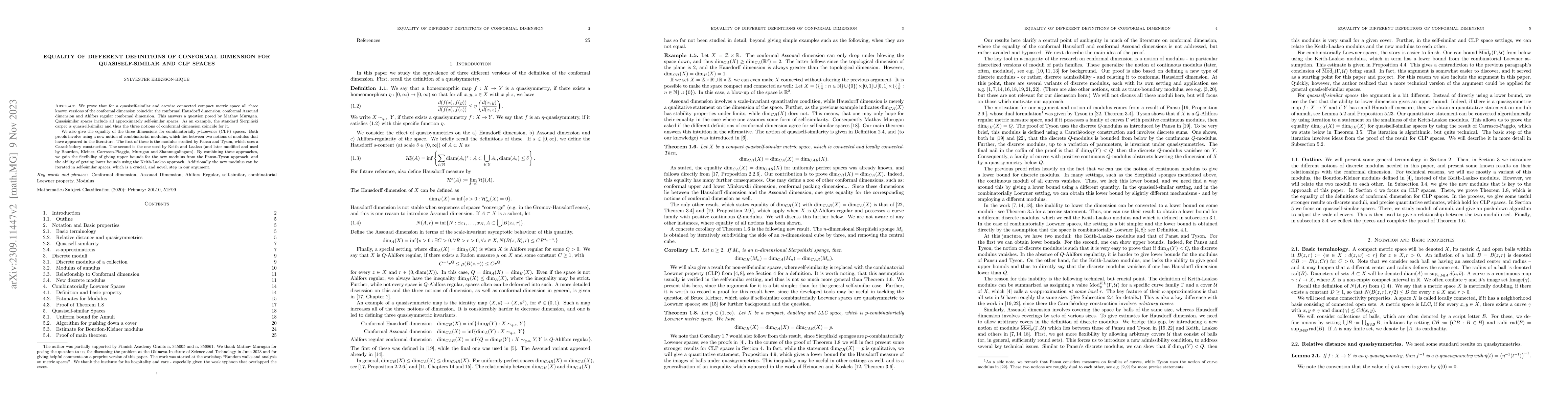 Thumbnail for Equality of different definitions of conformal dimension for
  quasiself-similar and CLP spaces
