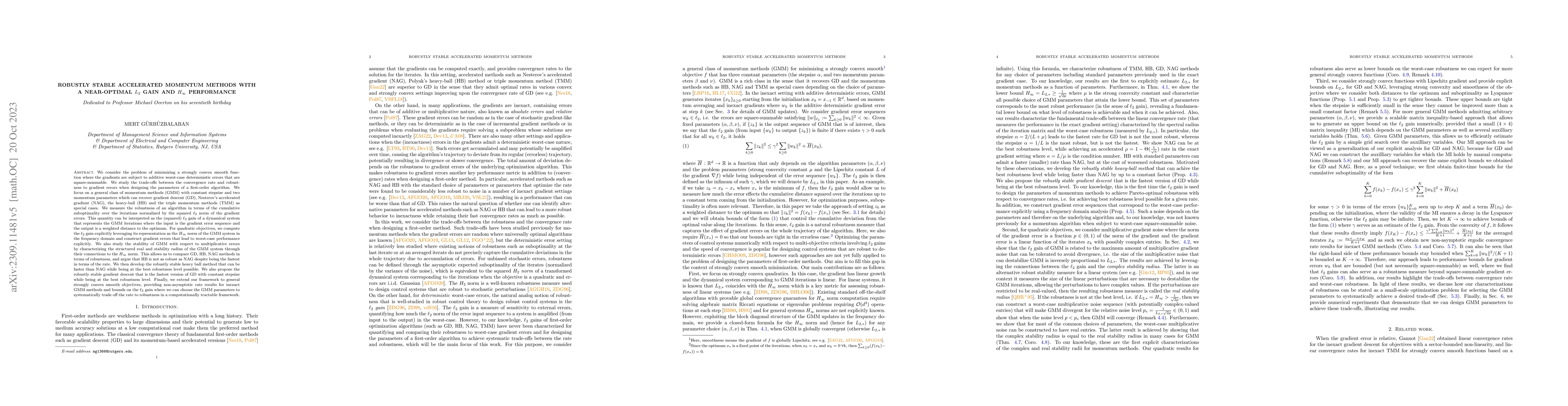 Thumbnail for Robustly Stable Accelerated Momentum Methods With A Near-Optimal L2 Gain
  and $H_\infty$ Performance