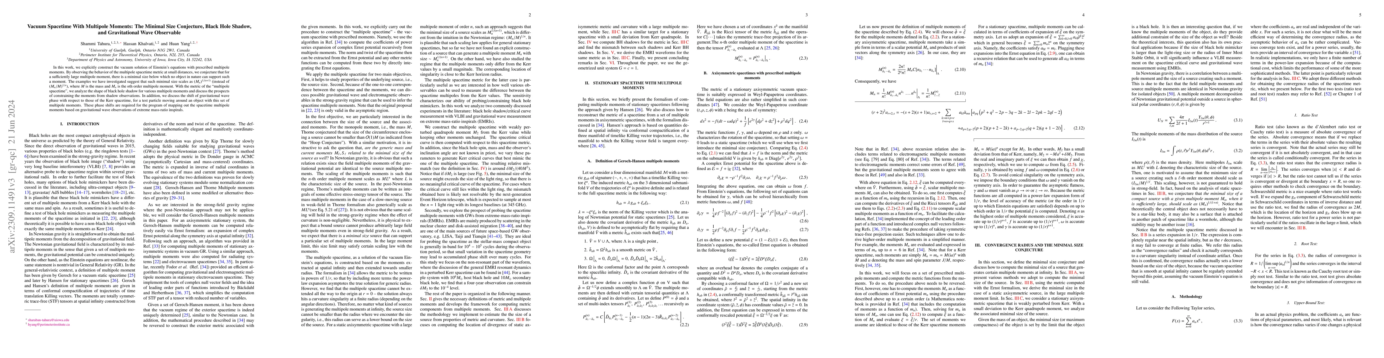 Thumbnail for Vacuum Spacetime With Multipole Moments: The Minimal Size Conjecture,
  Black Hole Shadow, and Gravitational Wave Observables
