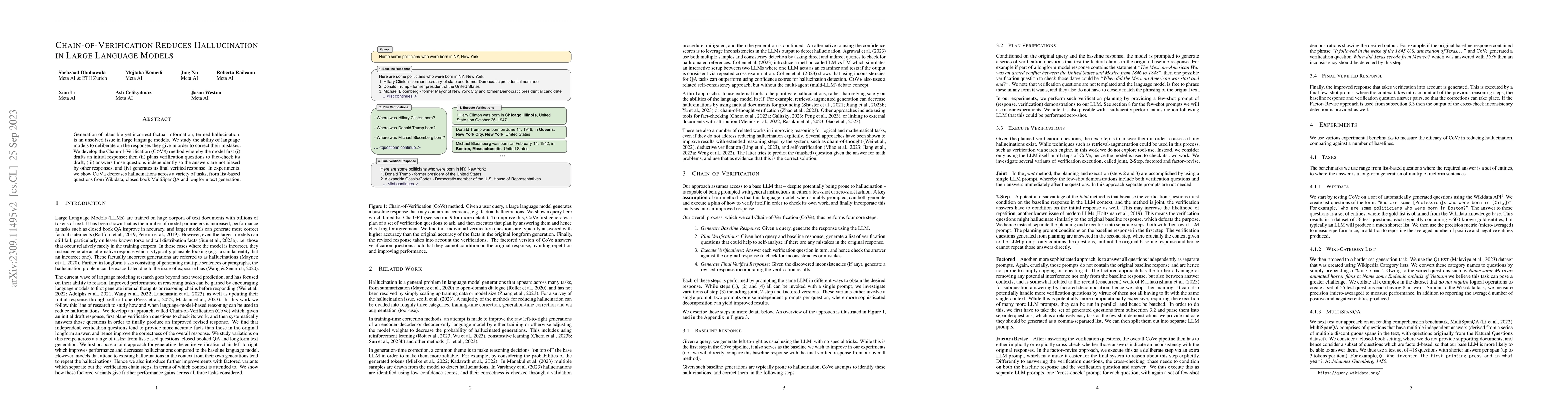 Thumbnail for Chain-of-Verification Reduces Hallucination in Large Language Models