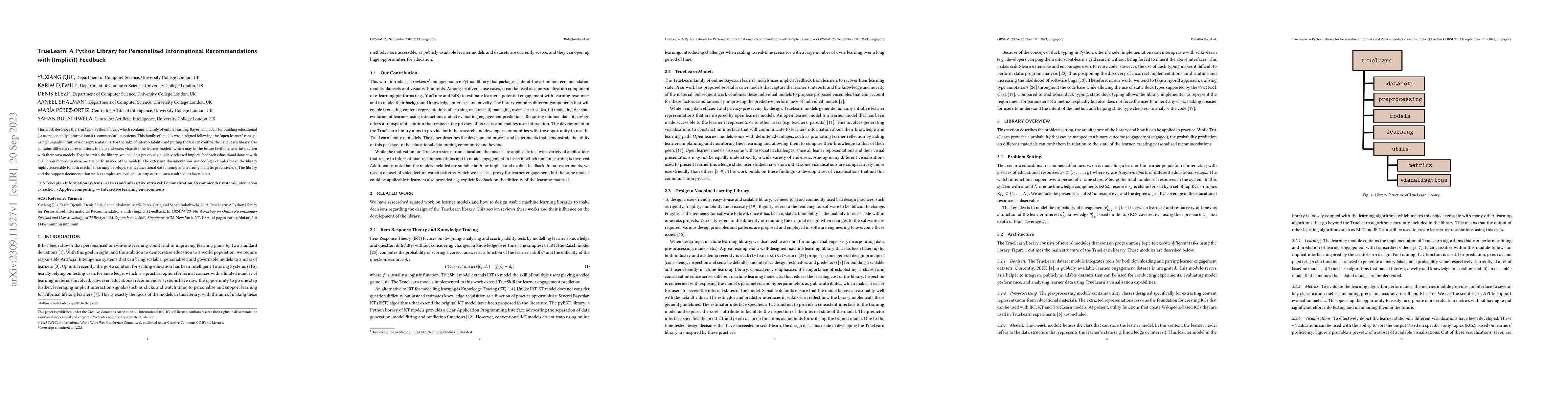 Thumbnail for TrueLearn: A Python Library for Personalised Informational
  Recommendations with (Implicit) Feedback