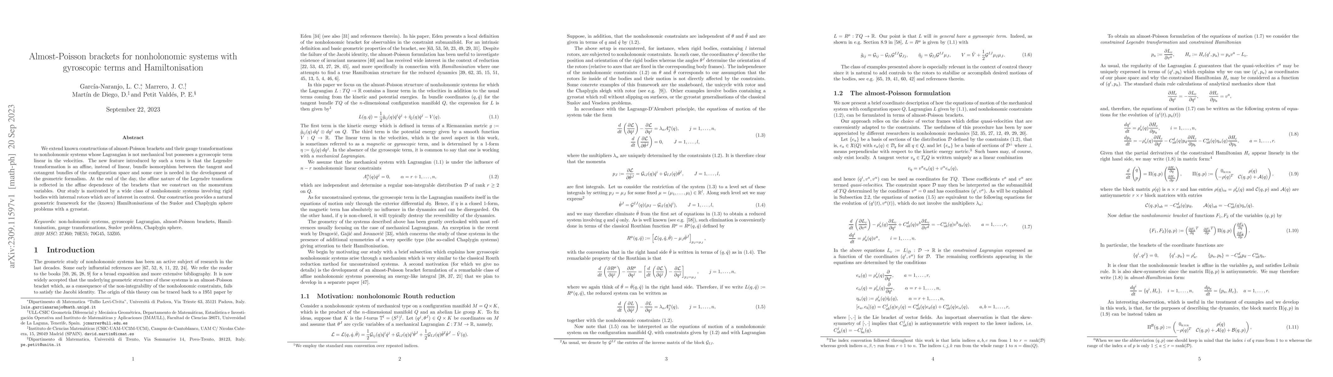 Thumbnail for Almost-Poisson brackets for nonholonomic systems with gyroscopic terms
  and Hamiltonisation