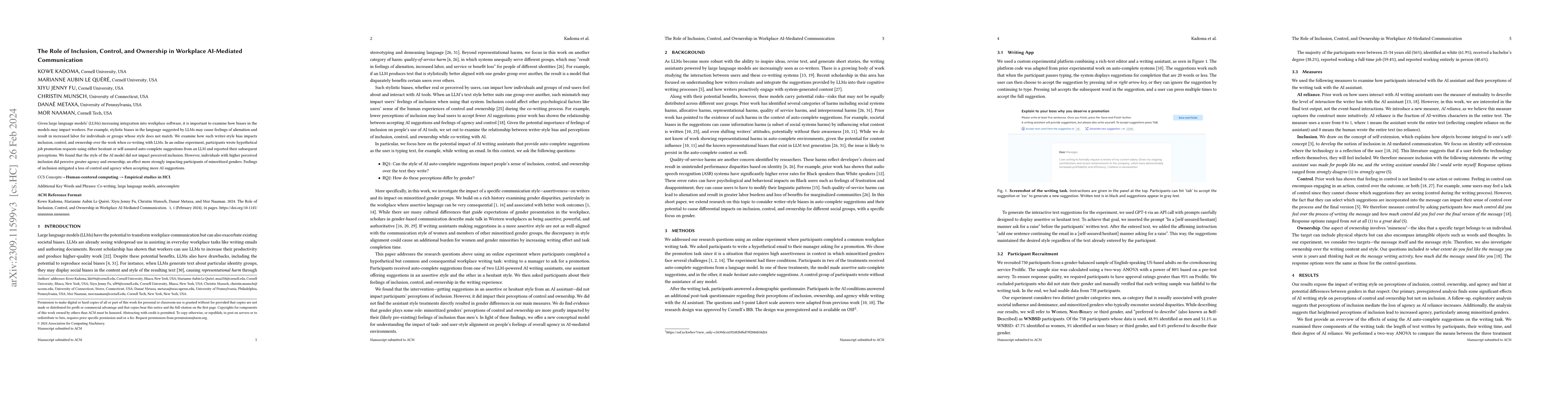 Thumbnail for The Role of Inclusion, Control, and Ownership in Workplace AI-Mediated
  Communication