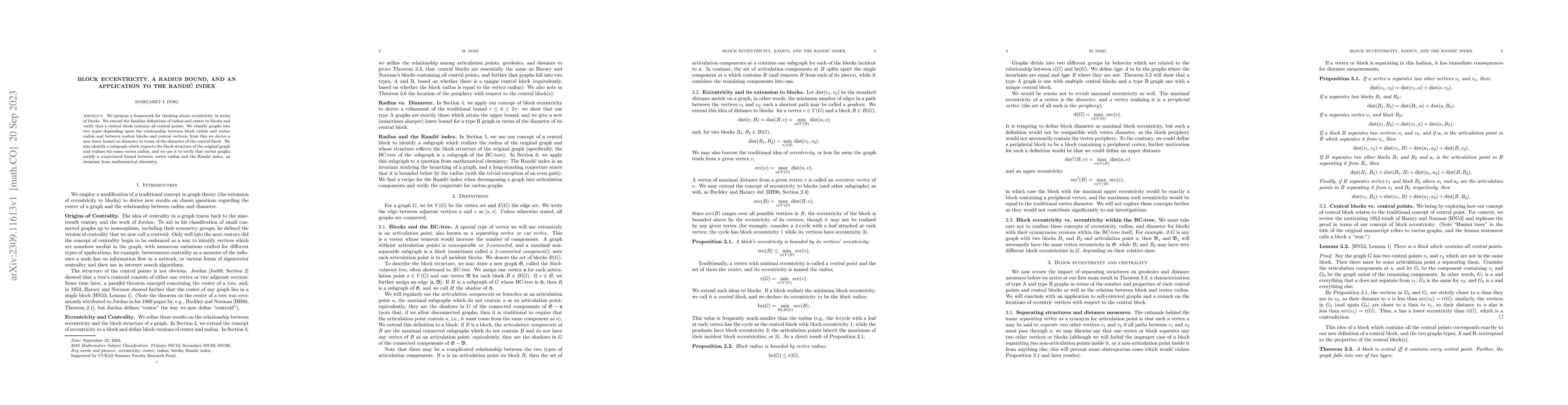Thumbnail for Block eccentricity, a radius bound, and an application to the Randi\'c
  index