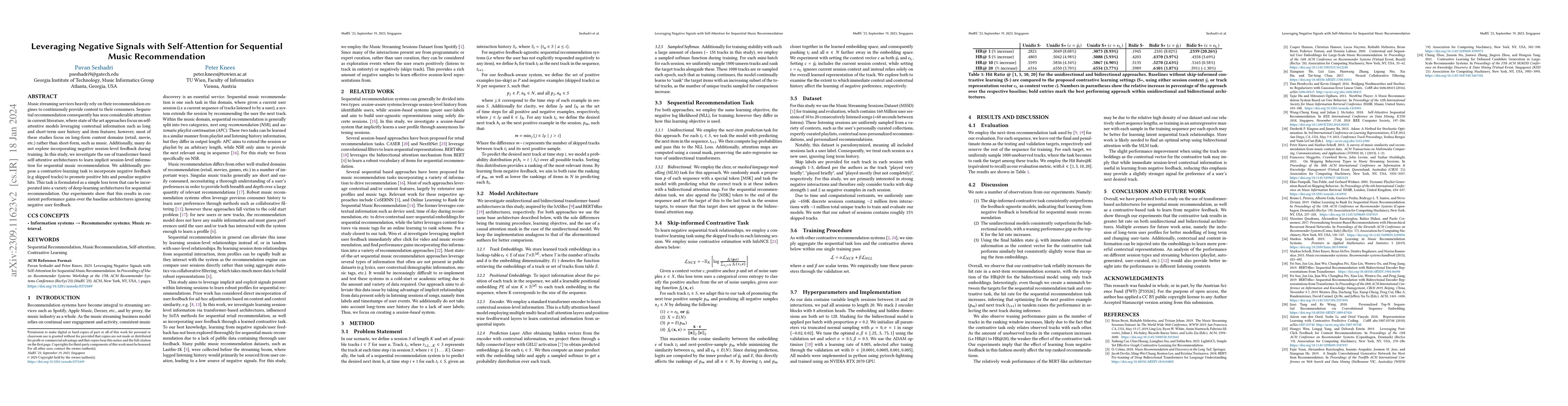 Thumbnail for Leveraging Negative Signals with Self-Attention for Sequential Music
  Recommendation