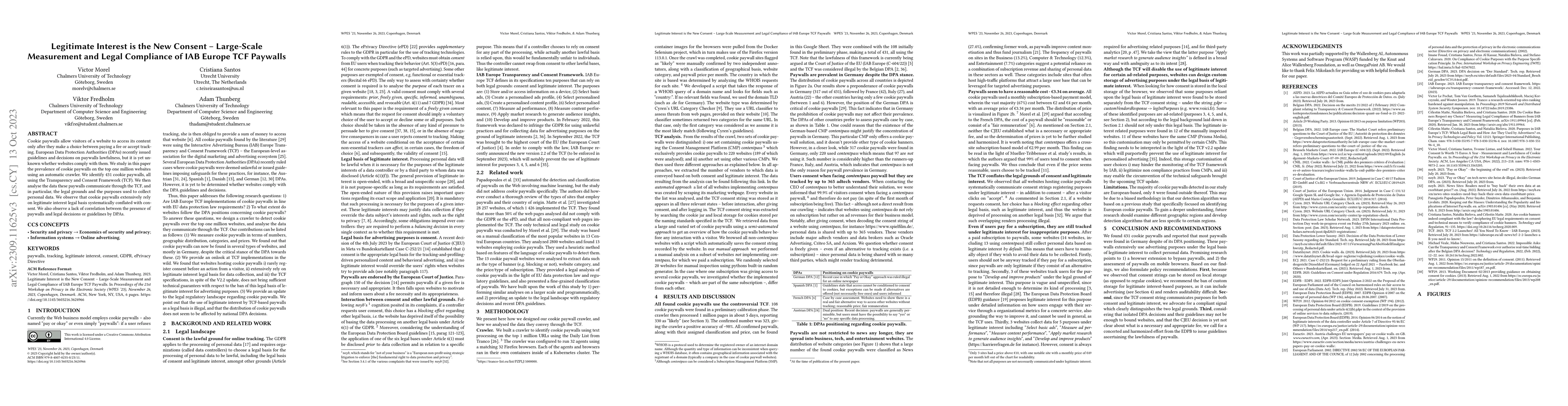 Thumbnail for Legitimate Interest is the New Consent -- Large-Scale Measurement and
  Legal Compliance of IAB Europe TCF Paywalls