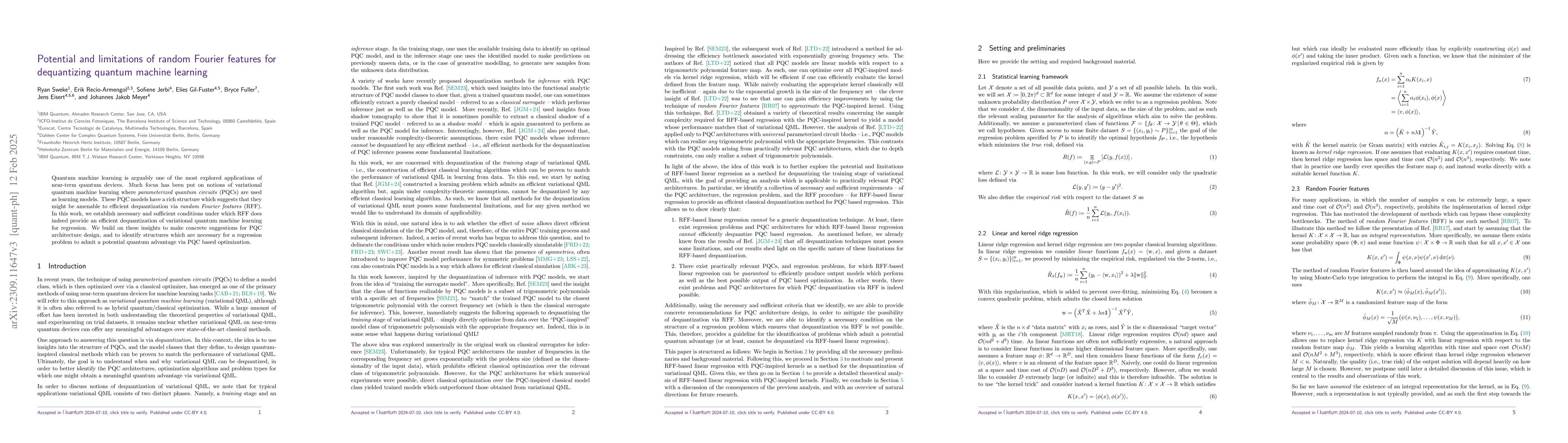 Thumbnail for Potential and limitations of random Fourier features for dequantizing
  quantum machine learning
