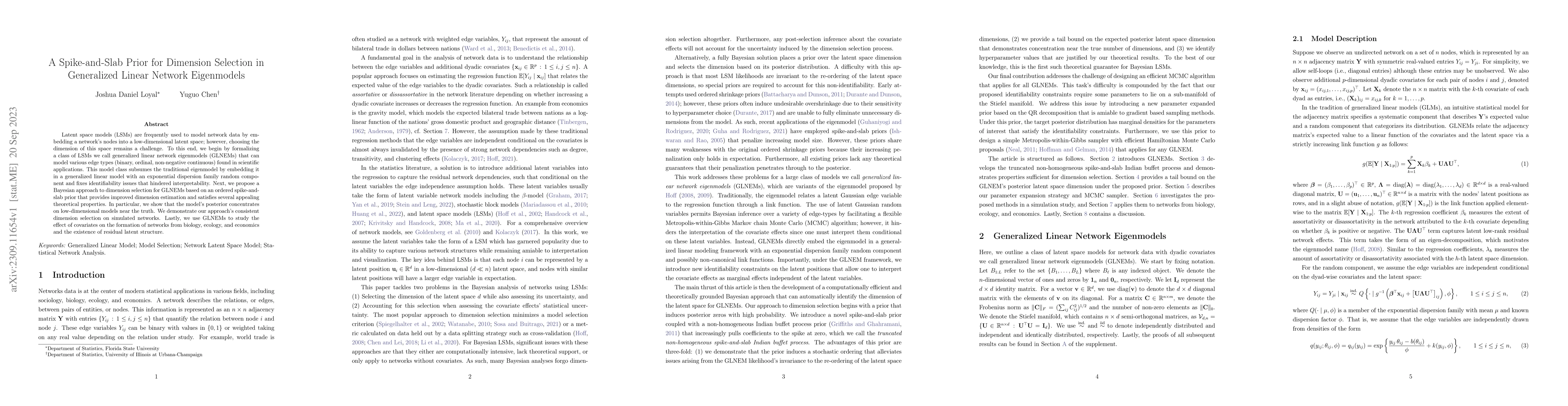 Thumbnail for A Spike-and-Slab Prior for Dimension Selection in Generalized Linear
  Network Eigenmodels