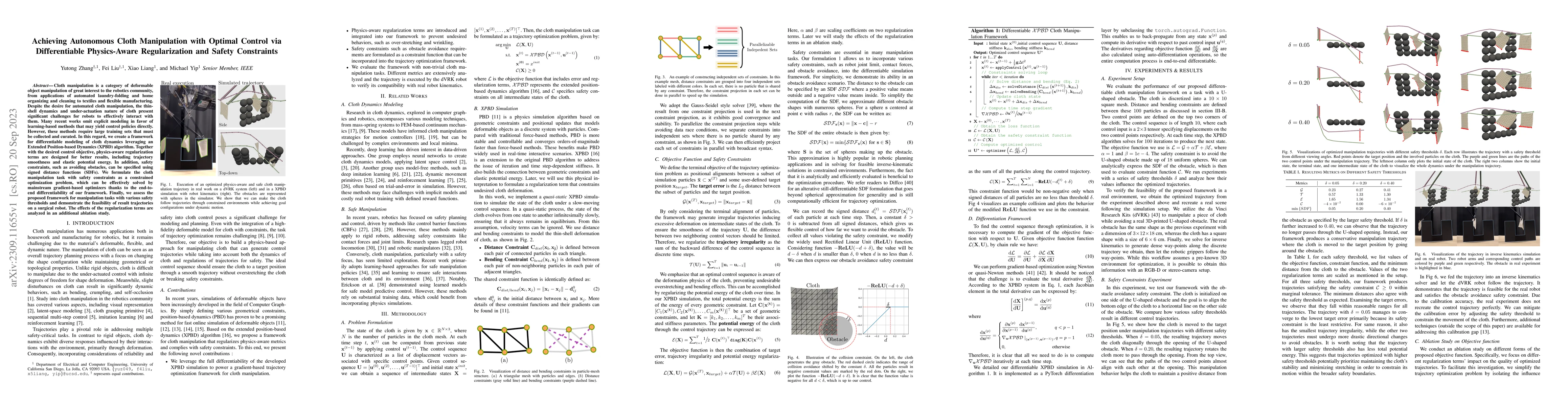 Thumbnail for Achieving Autonomous Cloth Manipulation with Optimal Control via
  Differentiable Physics-Aware Regularization and Safety Constraints