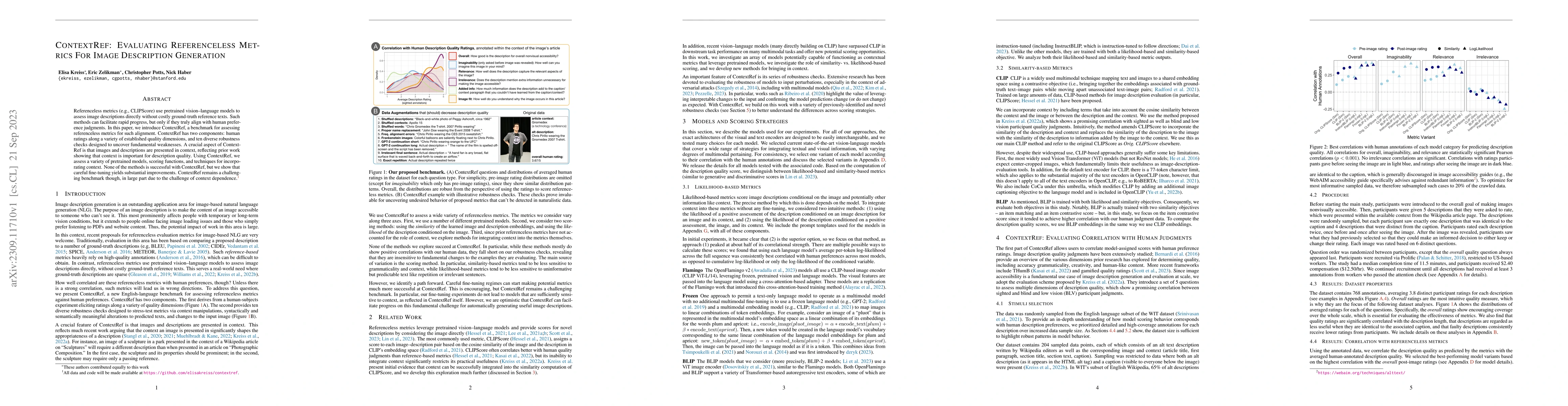Thumbnail for ContextRef: Evaluating Referenceless Metrics For Image Description
  Generation