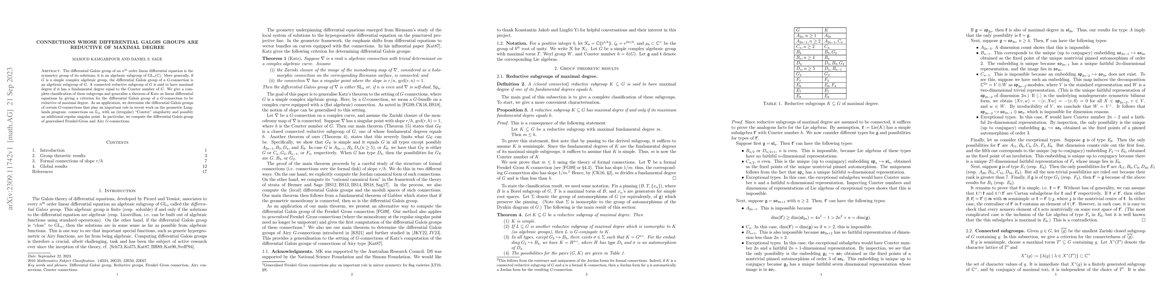 Thumbnail for Connections whose differential Galois groups are reductive of maximal
  degree
