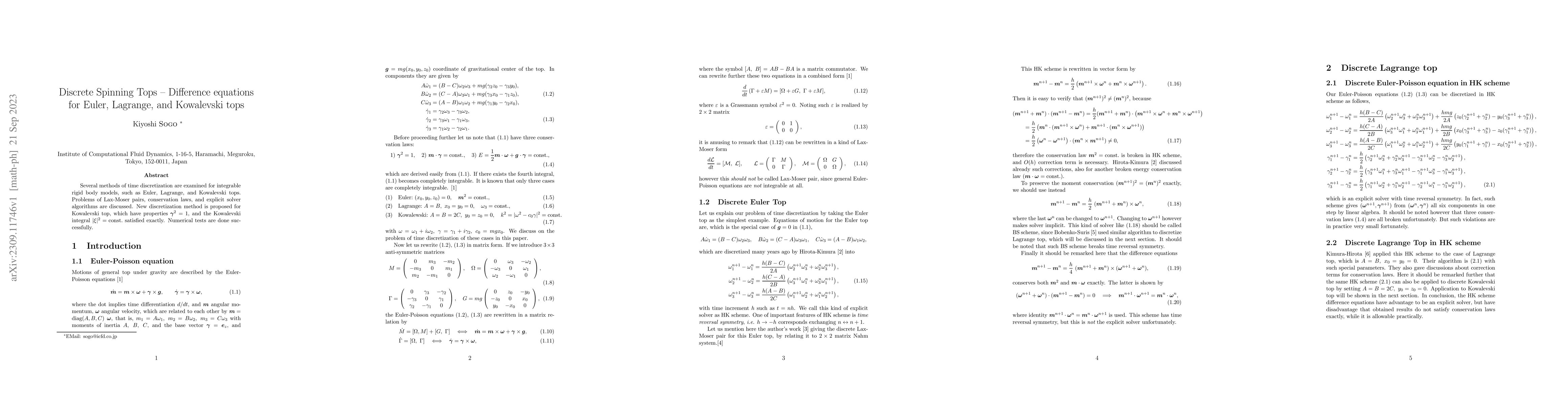 Thumbnail for Discrete Spinning Tops -- Difference equations for Euler, Lagrange, and
  Kowalevski tops