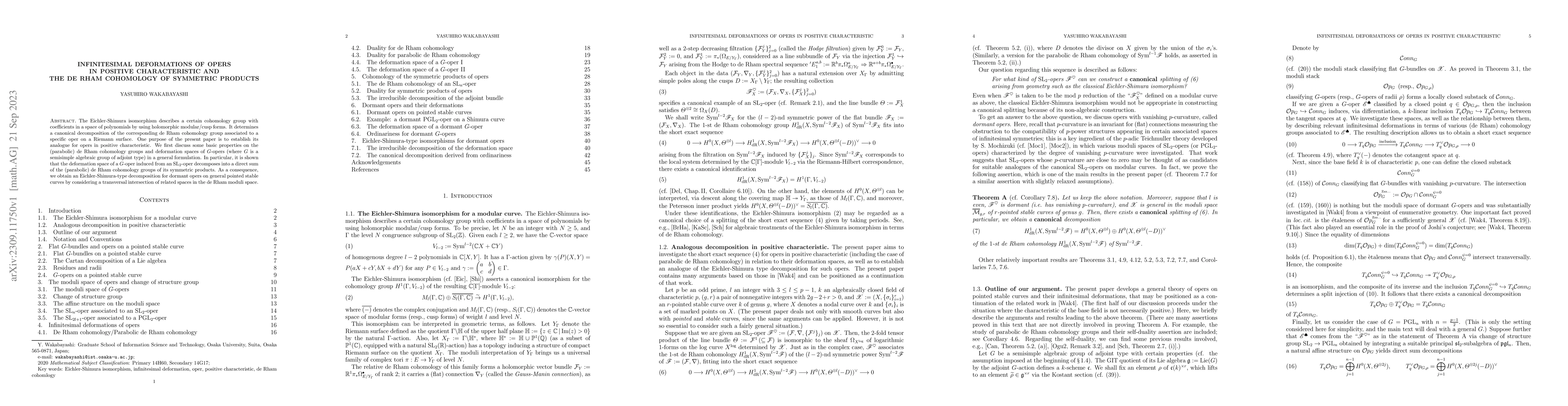 Thumbnail for Infinitesimal deformations of opers in positive characteristic and the
  de Rham cohomology of symmetric products