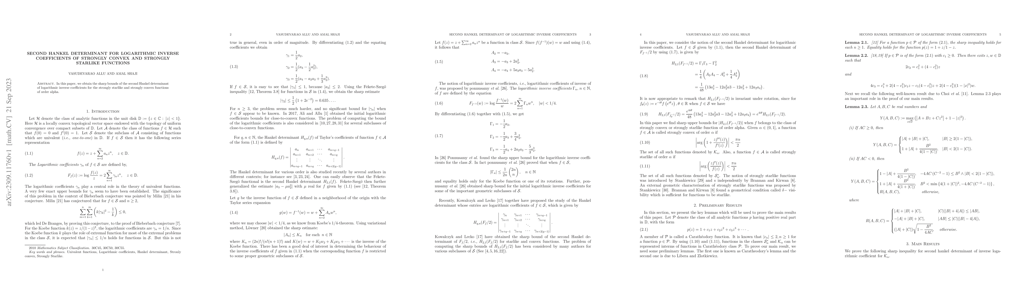 Thumbnail for Second Hankel determinant for logarithmic inverse coefficients of
  strongly convex and strongly starlike functions
