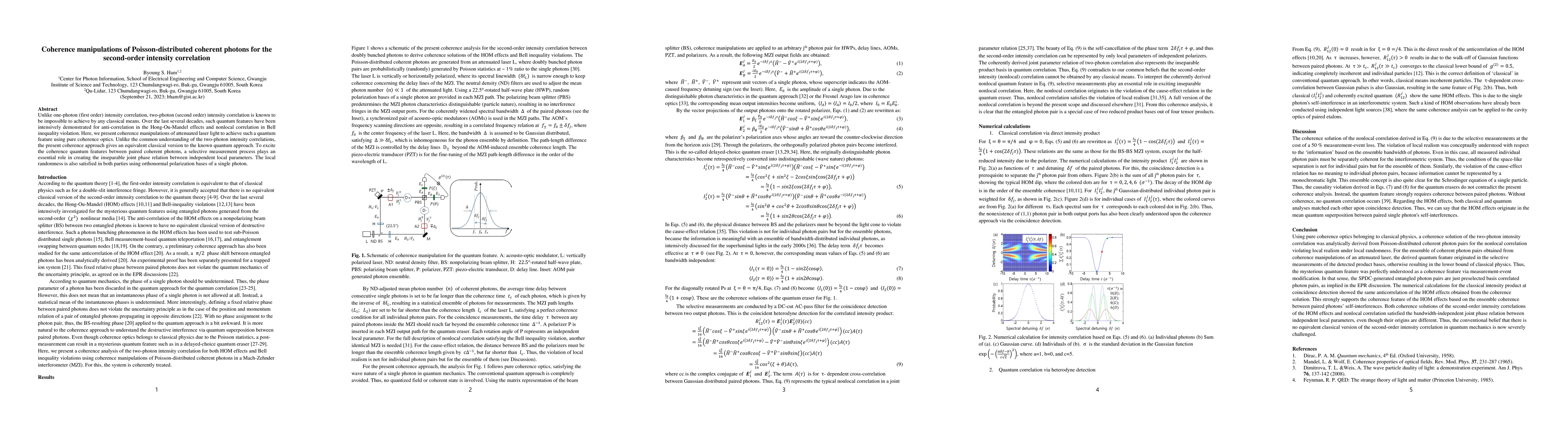 Thumbnail for Coherence manipulations of Poisson-distributed coherent photons for the
  second-order intensity correlation
