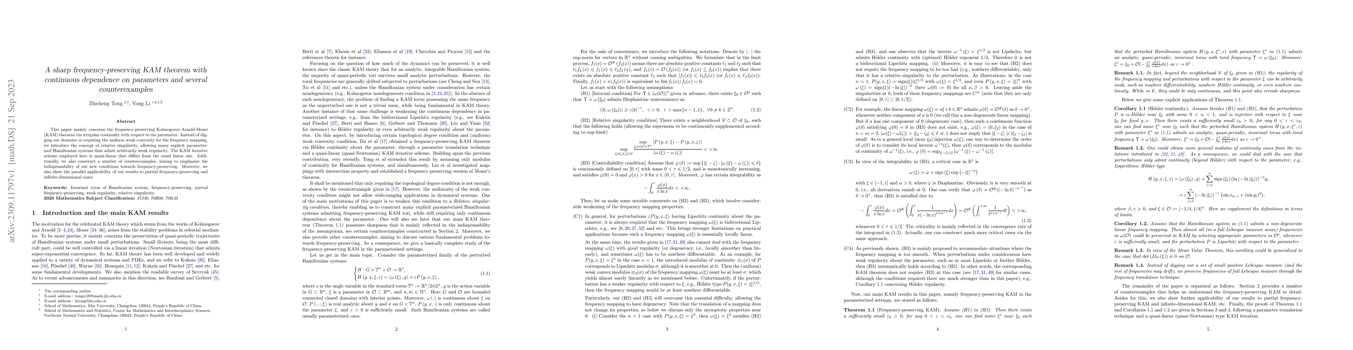 Thumbnail for A sharp frequency-preserving KAM theorem with continuous dependence on
  parameters and several counterexamples
