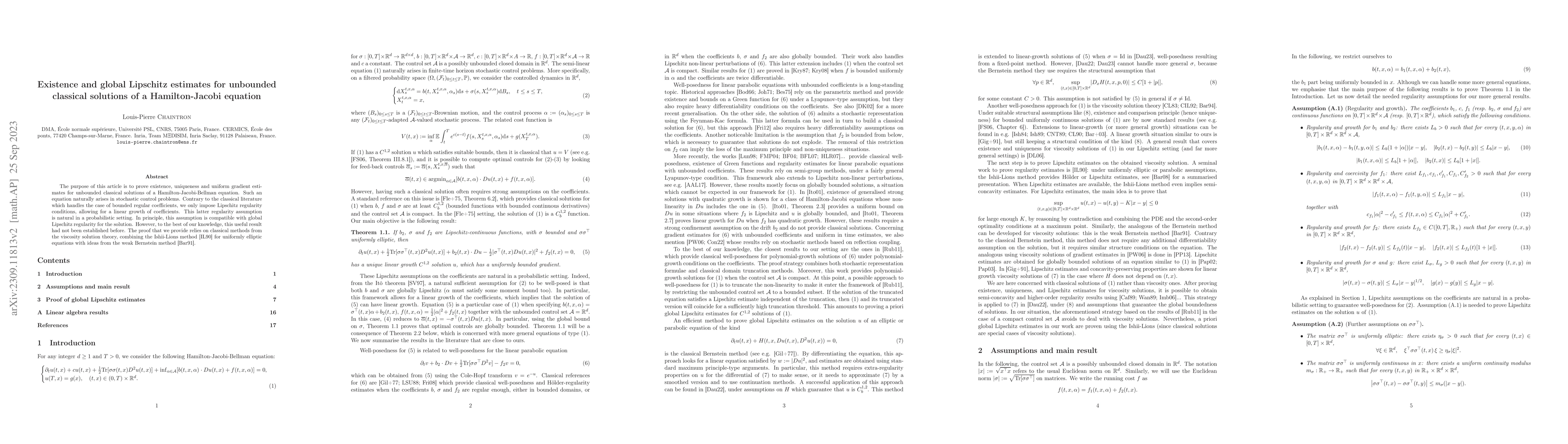Thumbnail for Existence and global Lipschitz estimates for unbounded classical
  solutions of a Hamilton-Jacobi equation