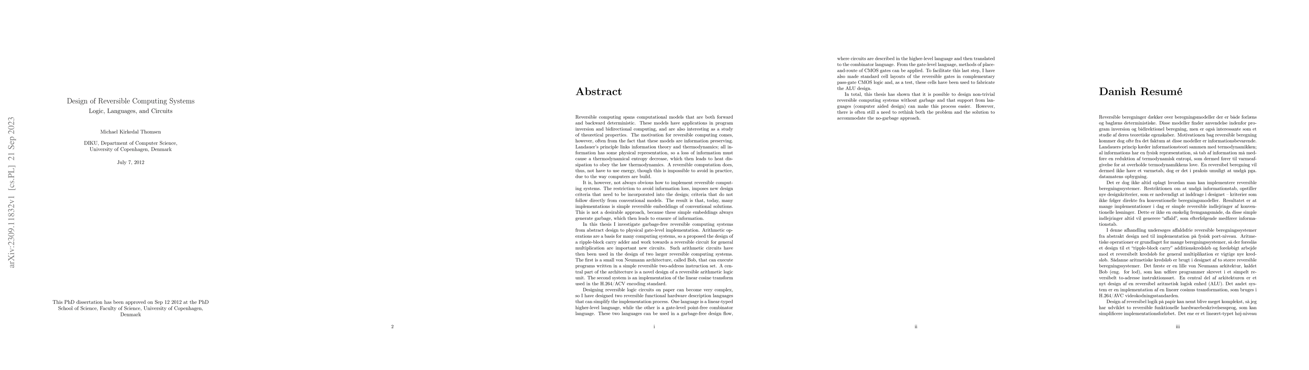Thumbnail for Design of Reversible Computing Systems; Large Logic, Languages, and
  Circuits