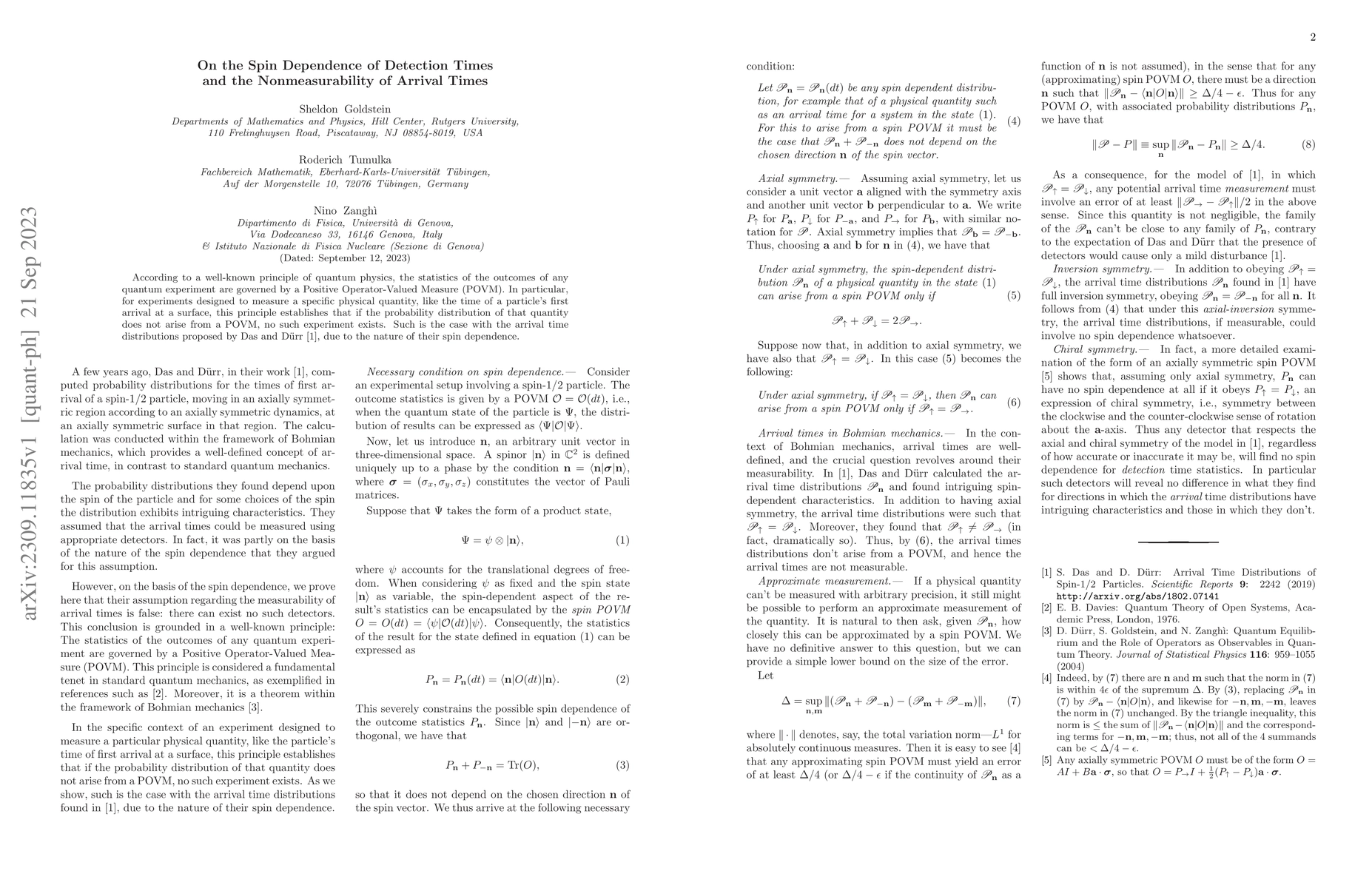 Thumbnail for On the Spin Dependence of Detection Times and the Nonmeasurability of
  Arrival Times