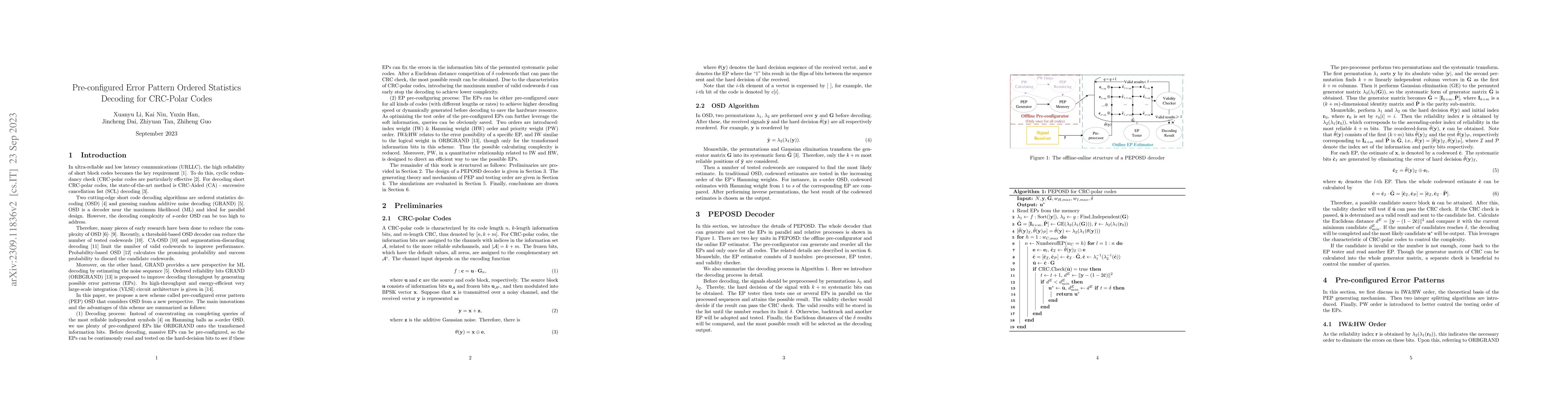 Thumbnail for Pre-configured Error Pattern Ordered Statistics Decoding for CRC-Polar
  Codes