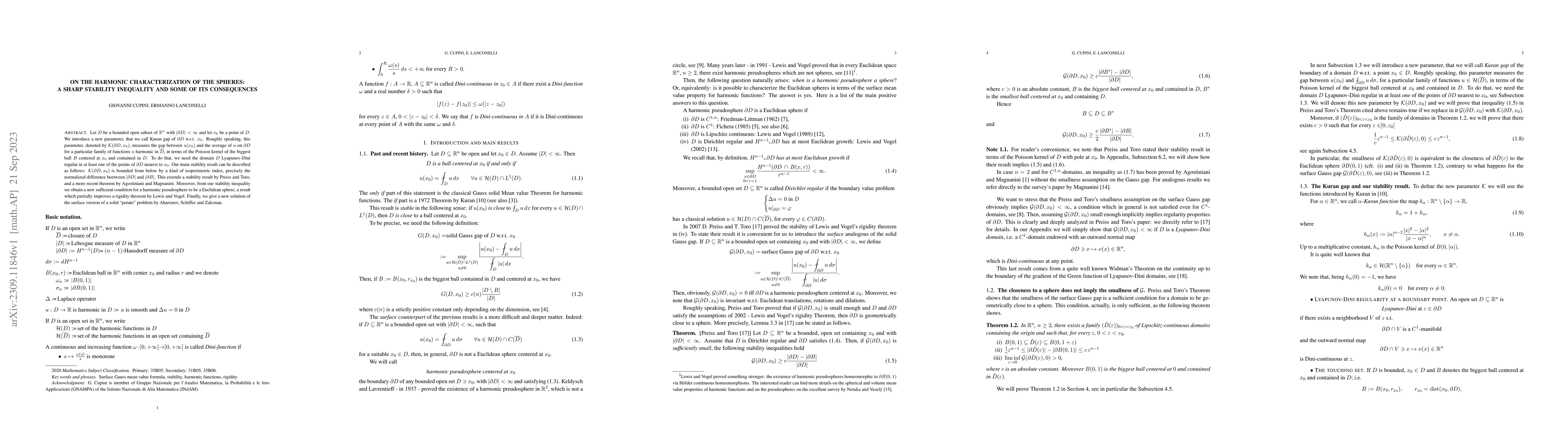 Thumbnail for On the harmonic characterization of the spheres: a sharp stability
  inequality and some of its consequences
