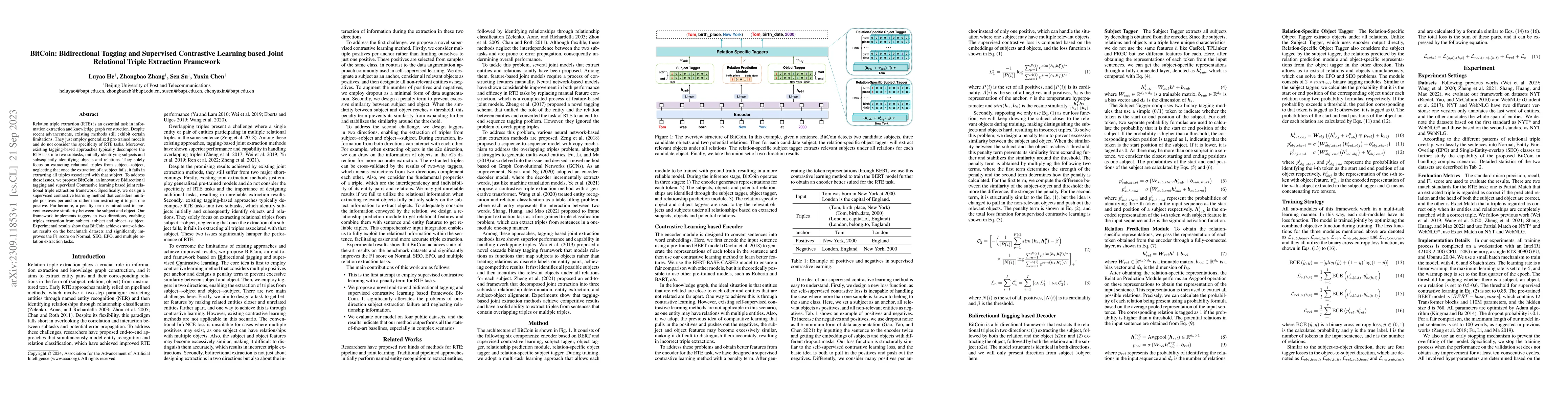 Thumbnail for BitCoin: Bidirectional Tagging and Supervised Contrastive Learning based
  Joint Relational Triple Extraction Framework