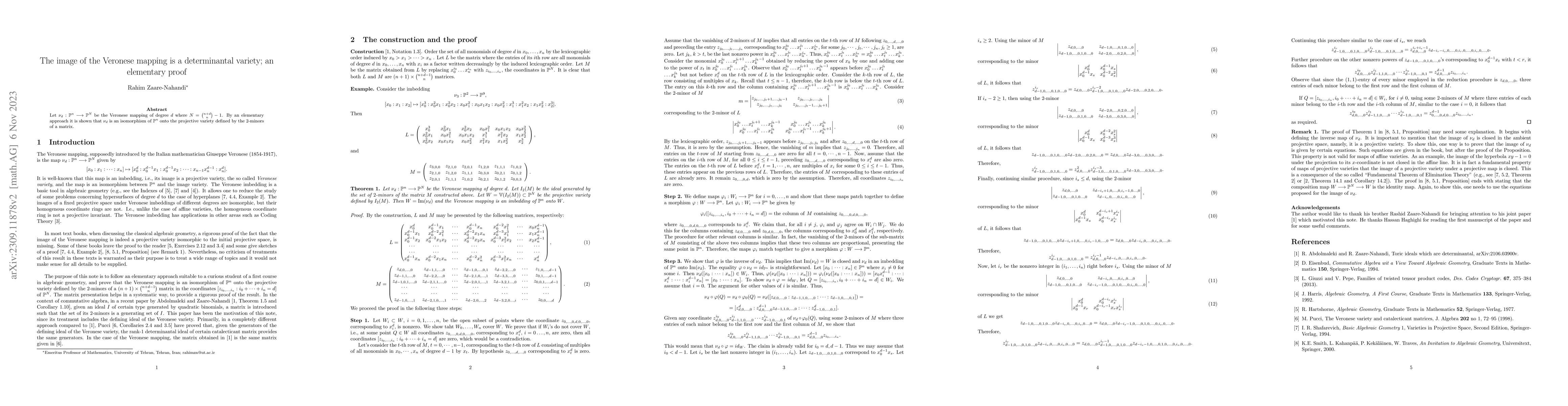 Thumbnail for The image of the Veronese mapping is a determinantal variety; an
  elementary proof