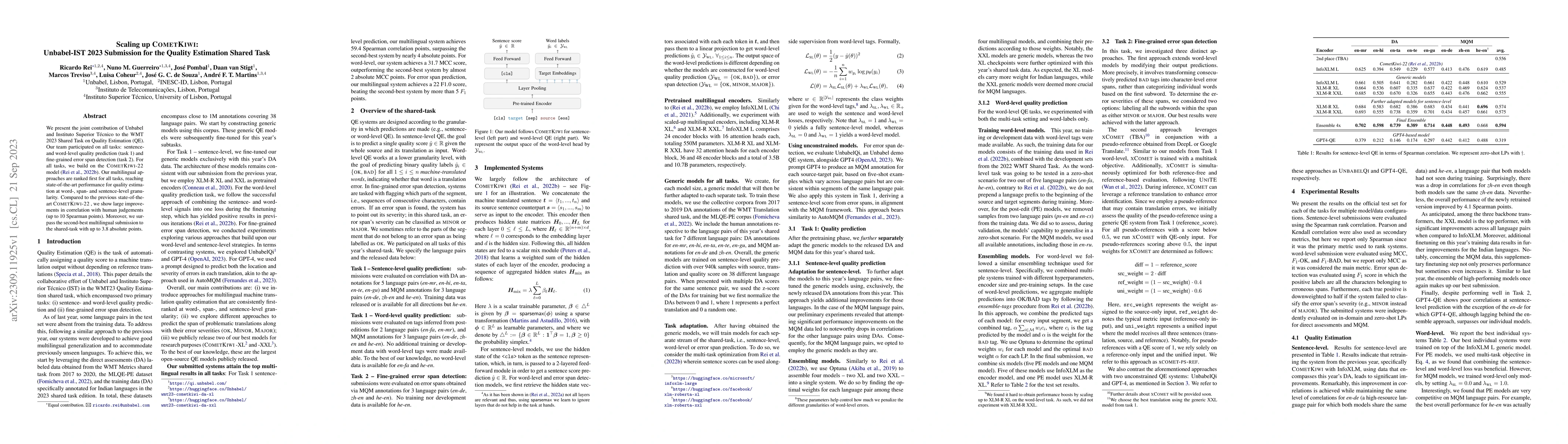 Thumbnail for Scaling up COMETKIWI: Unbabel-IST 2023 Submission for the Quality
  Estimation Shared Task