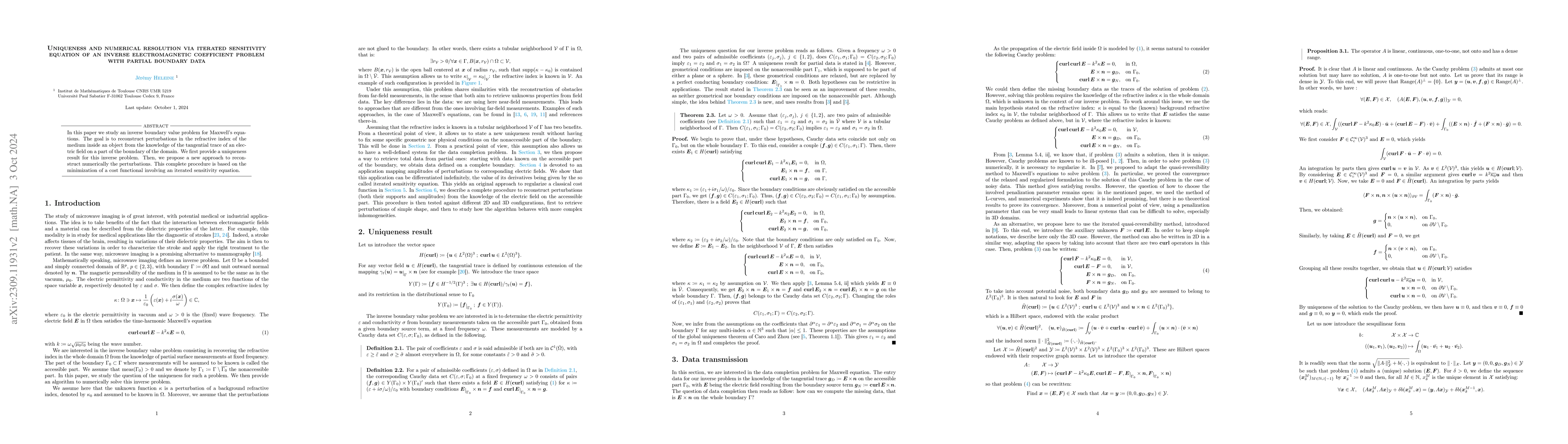 Thumbnail for Uniqueness of an inverse electromagnetic coefficient problem with
  partial boundary data and its numerical resolution through an iterated
  sensitivity equation