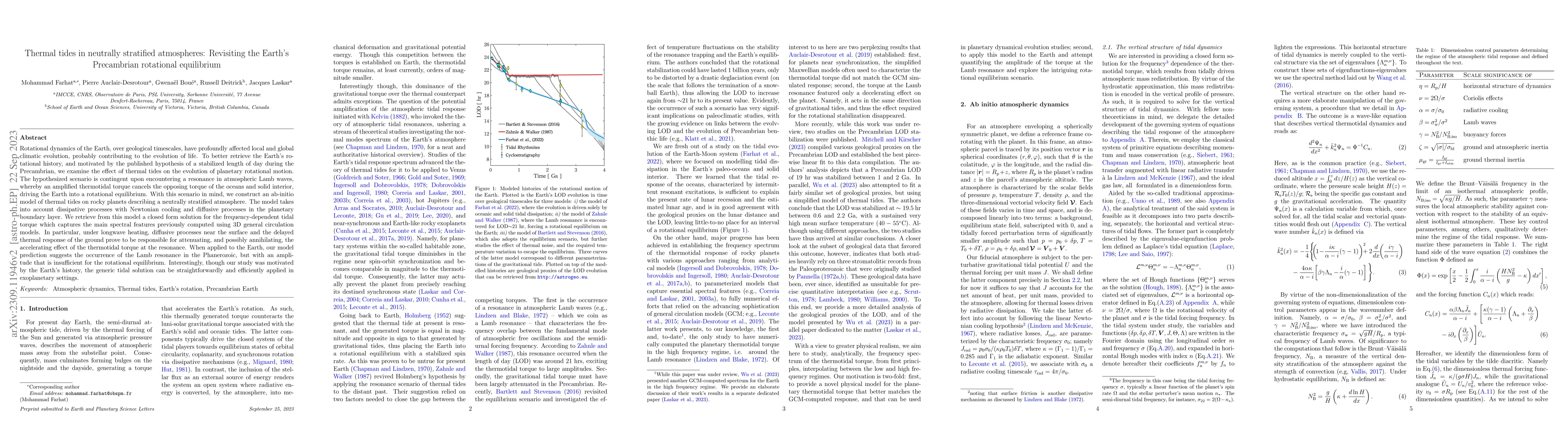 Thumbnail for Thermal tides in neutrally stratified atmospheres: Revisiting the
  Earth's Precambrian rotational equilibrium
