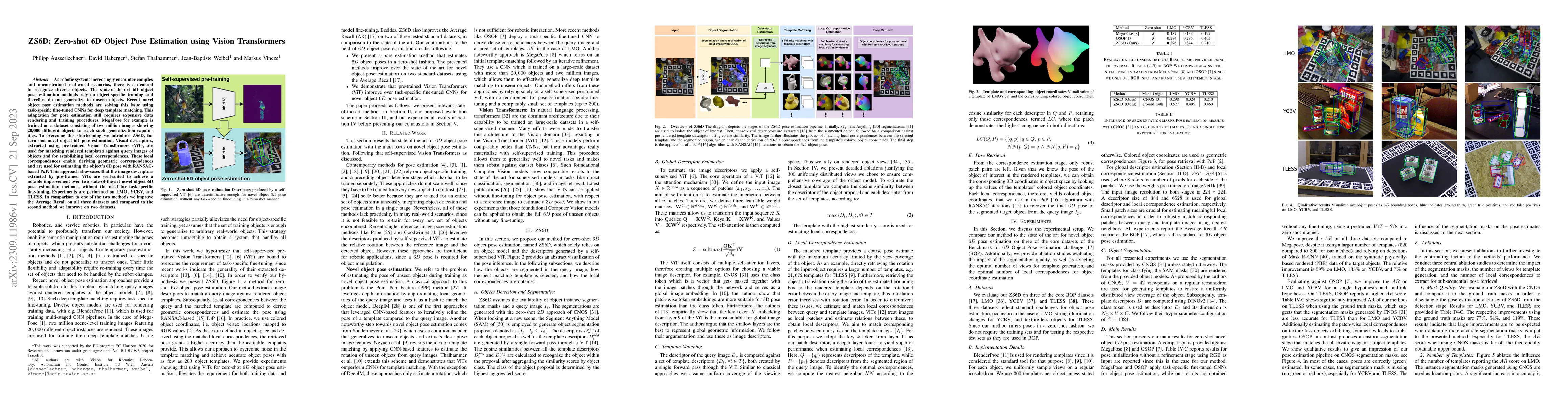 Thumbnail for ZS6D: Zero-shot 6D Object Pose Estimation using Vision Transformers