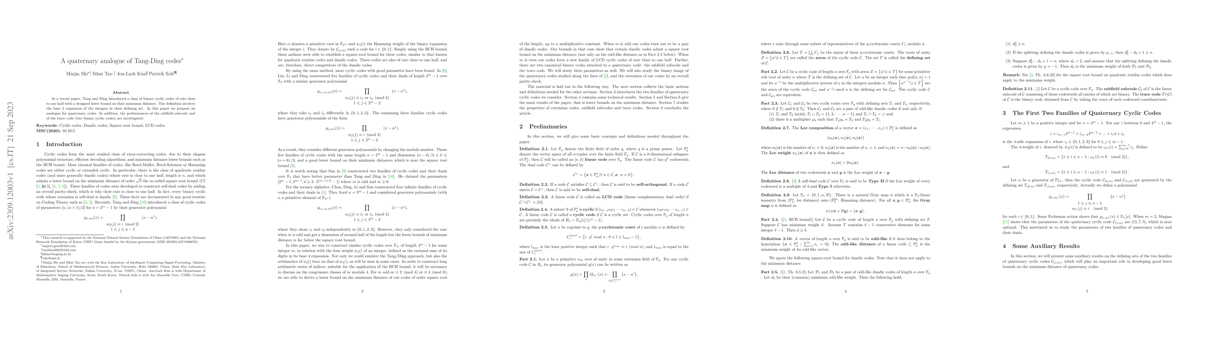 Thumbnail for A quaternary analogue of Tang-Ding codes