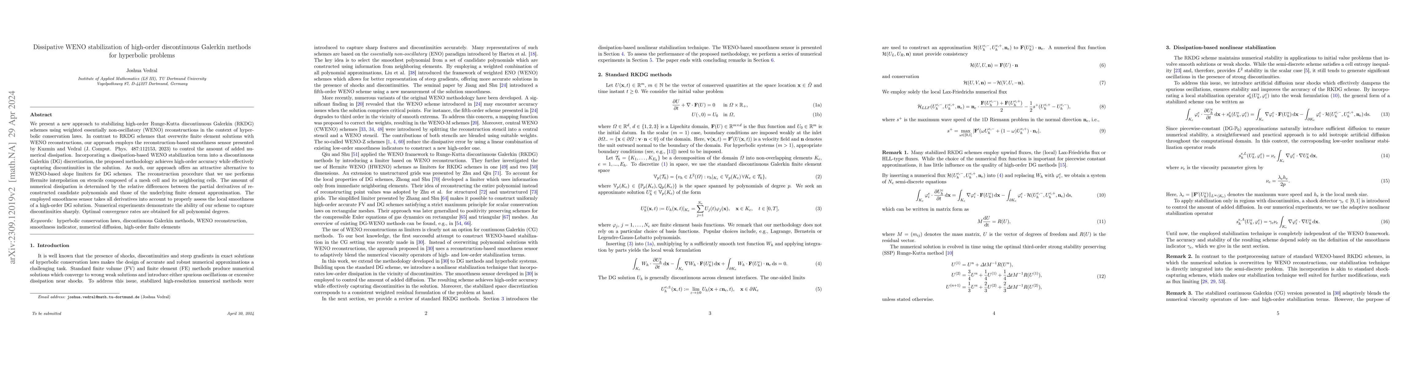 Thumbnail for Dissipative WENO stabilization of high-order discontinuous Galerkin
  methods for hyperbolic problems