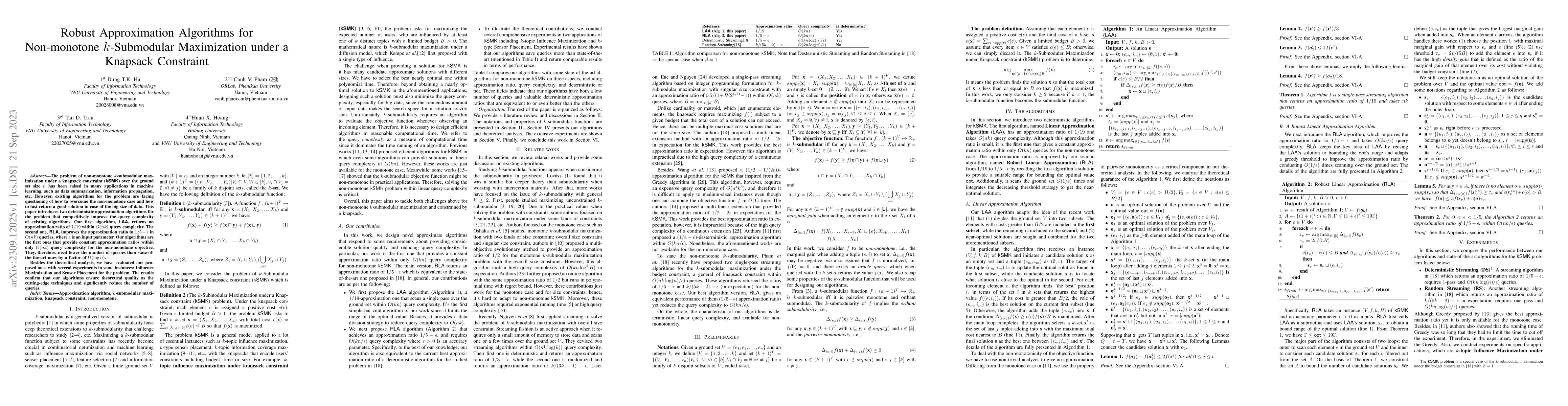 Thumbnail for Robust Approximation Algorithms for Non-monotone $k$-Submodular
  Maximization under a Knapsack Constraint