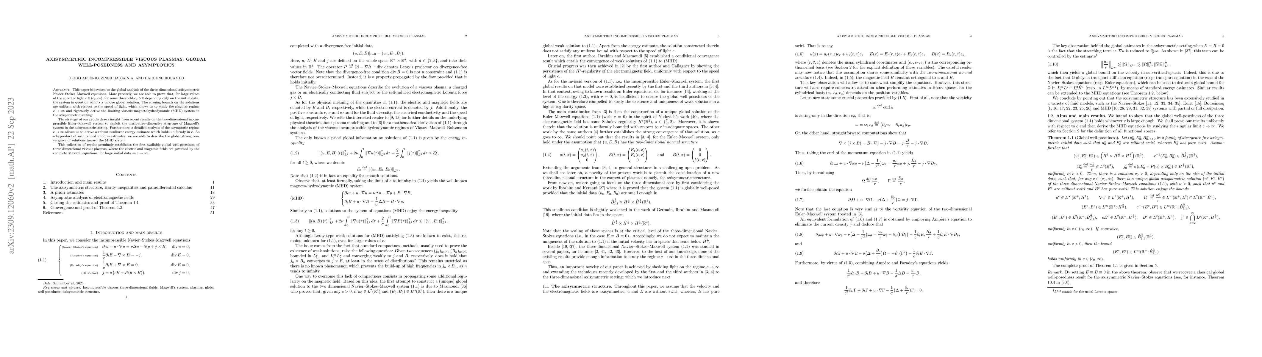 Thumbnail for Axisymmetric Incompressible Viscous Plasmas: Global Well-Posedness and
  Asymptotics