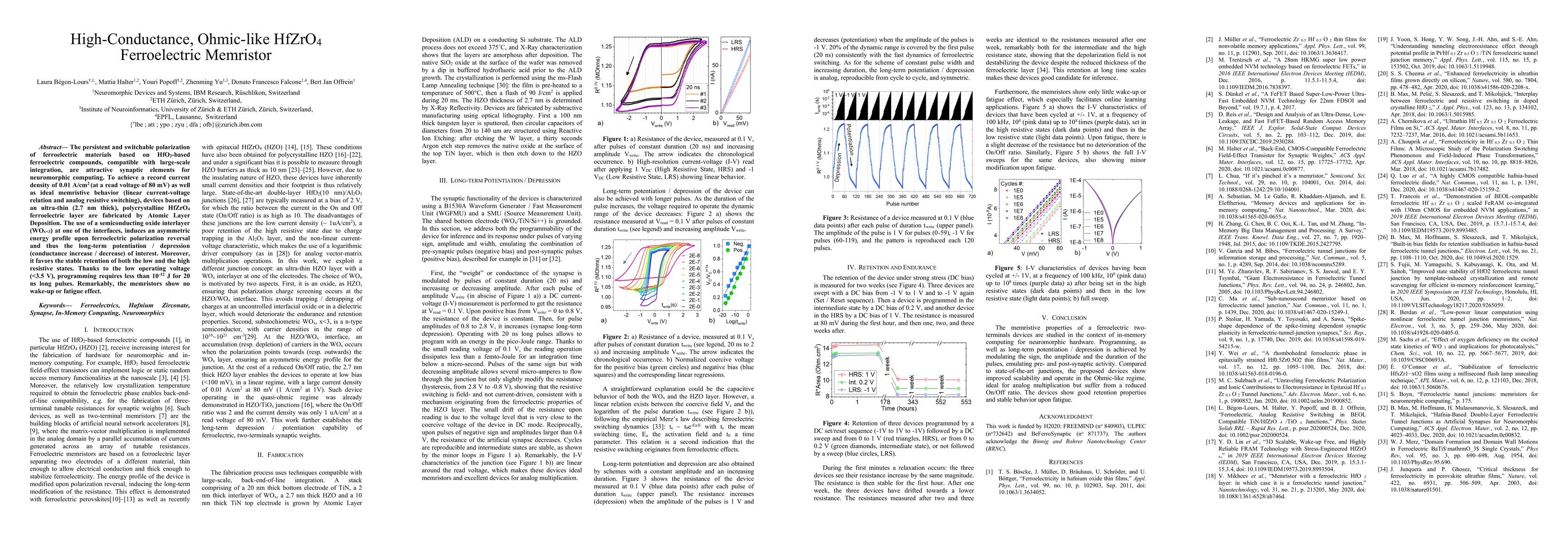 Thumbnail for High-Conductance, Ohmic-like HfZrO$_4$ Ferroelectric Memristor