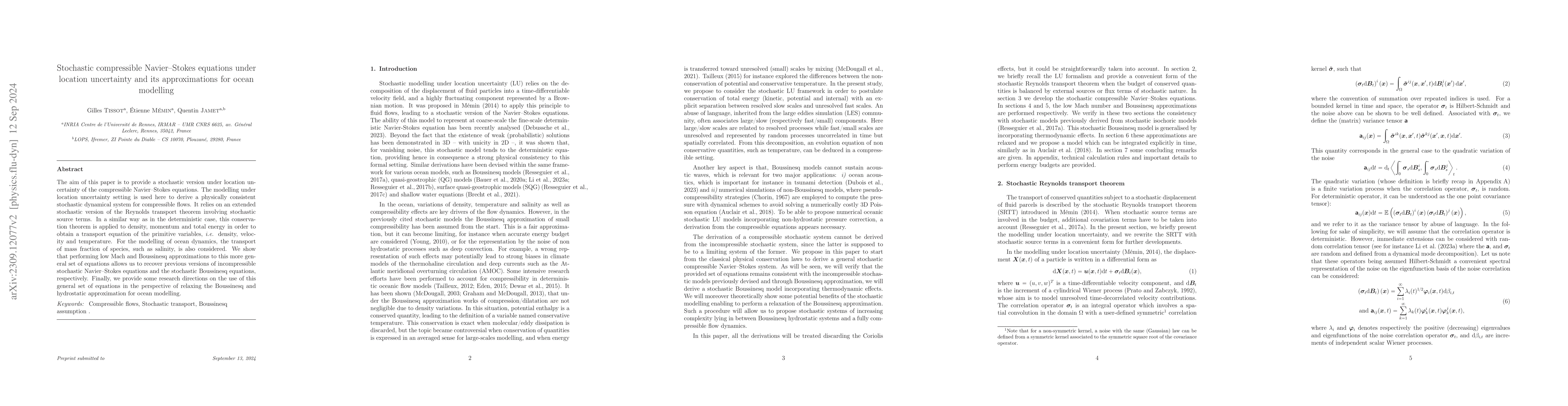 Thumbnail for Stochastic compressible Navier-Stokes equations under location
  uncertainty and its approximations for ocean modelling
