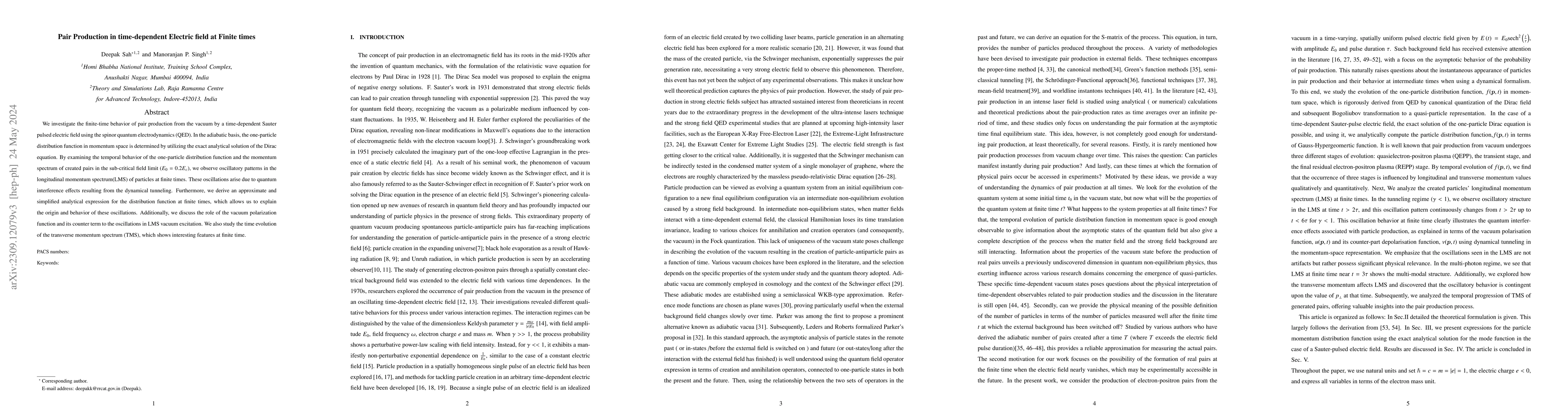 Thumbnail for Pair Production in time-dependent Electric field at Finite times