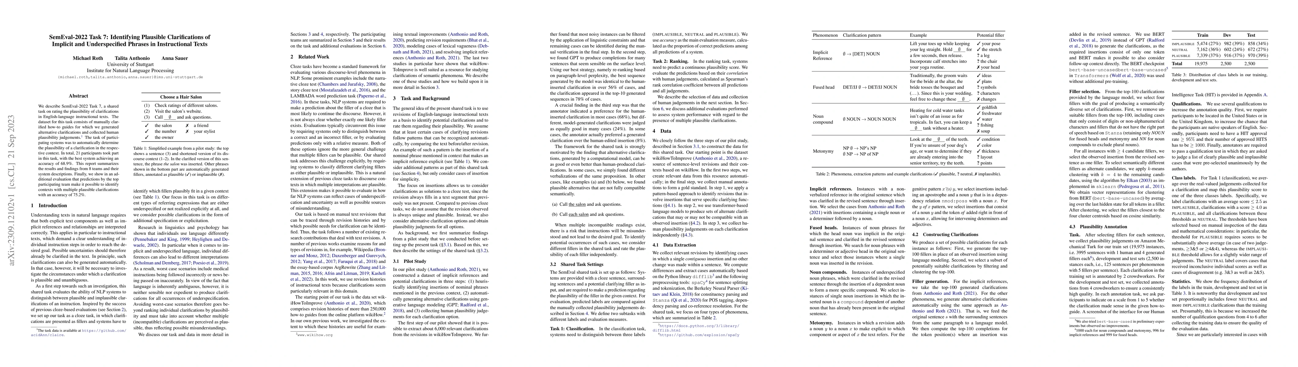 Thumbnail for SemEval-2022 Task 7: Identifying Plausible Clarifications of Implicit
  and Underspecified Phrases in Instructional Texts