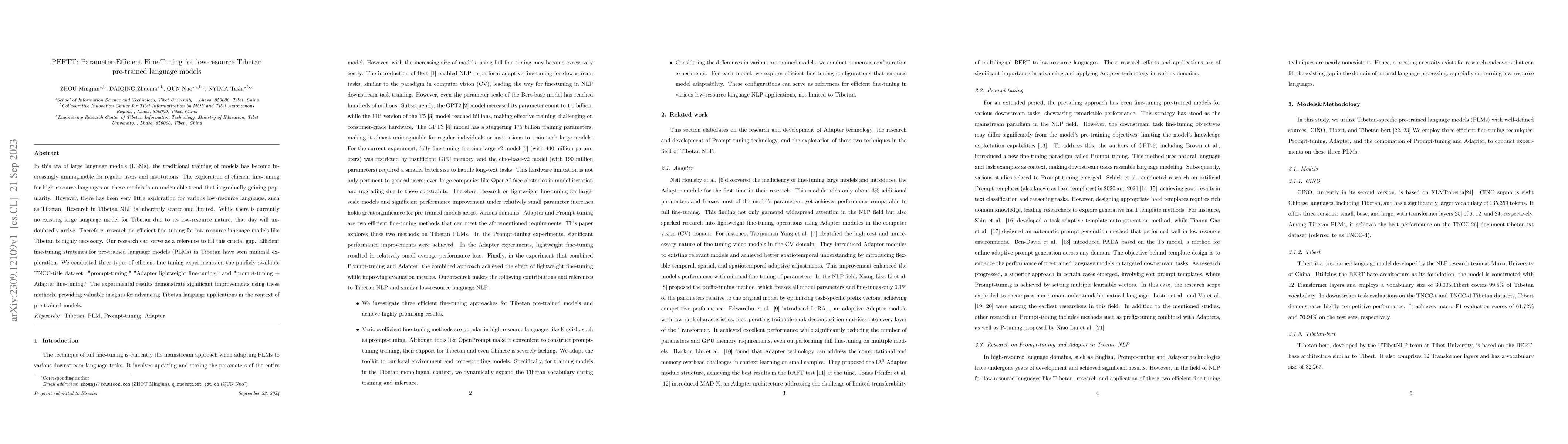 Thumbnail for PEFTT: Parameter-Efficient Fine-Tuning for low-resource Tibetan
  pre-trained language models