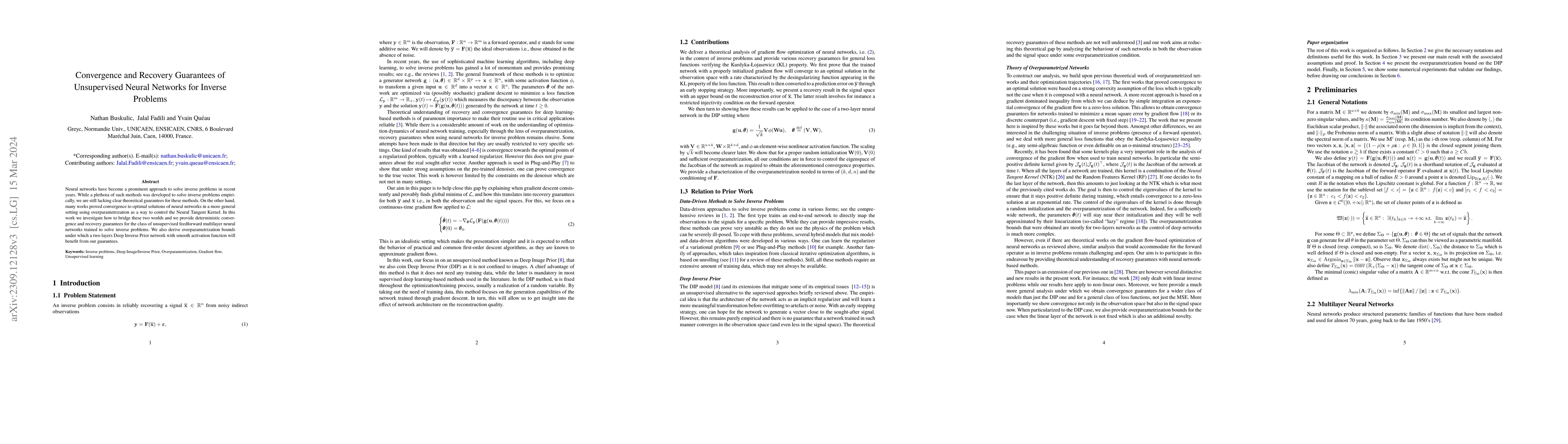 Thumbnail for Convergence and Recovery Guarantees of Unsupervised Neural Networks for
  Inverse Problems