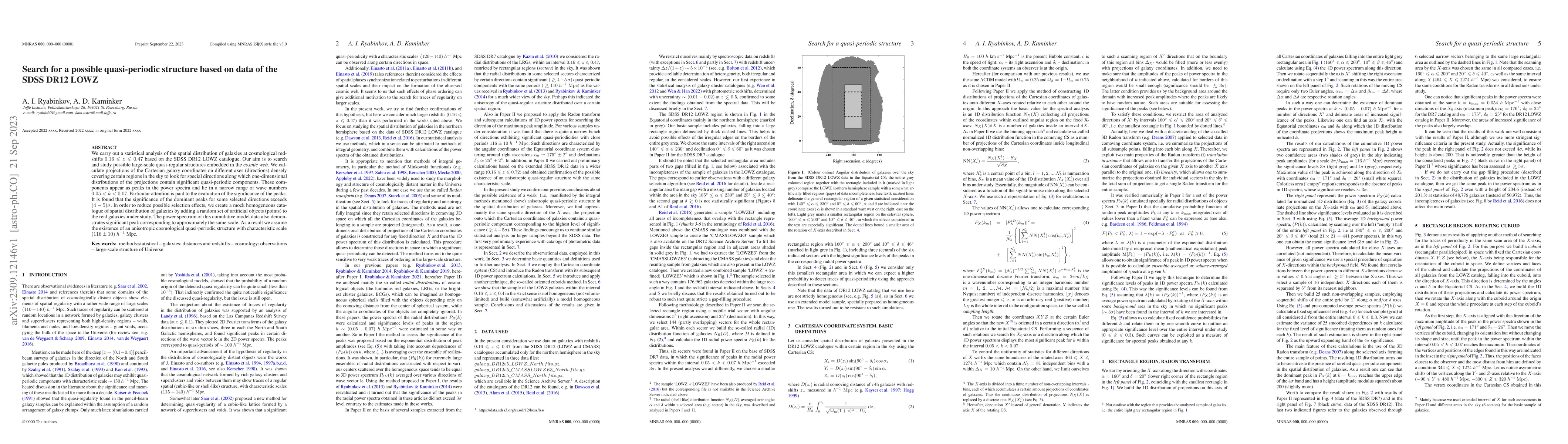 Thumbnail for Search for a possible quasi-periodic structure based on data of the SDSS
  DR12 LOWZ