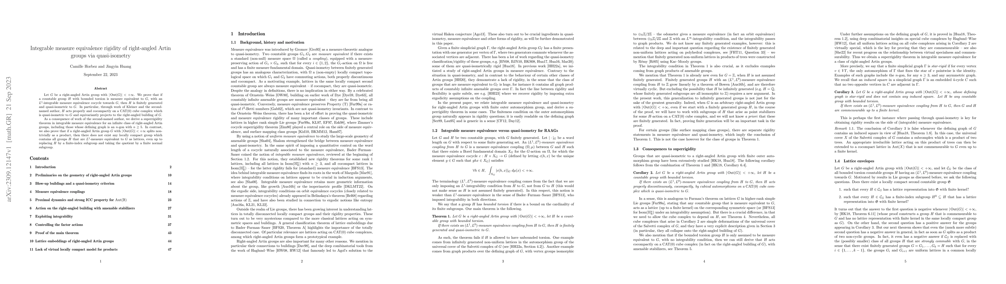 Thumbnail for Integrable measure equivalence rigidity of right-angled Artin groups via
  quasi-isometry