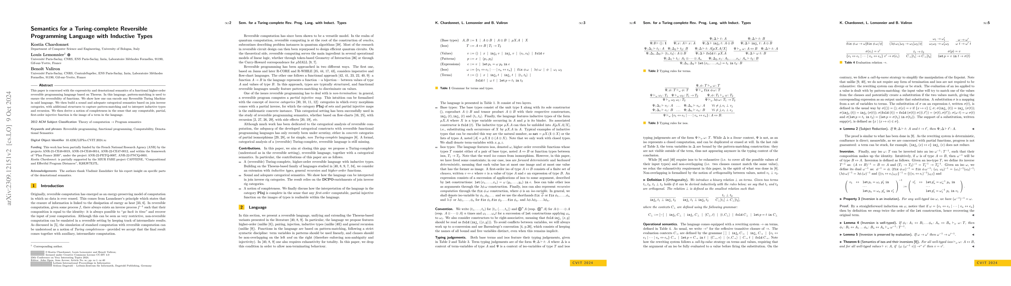 Thumbnail for Semantics for a Turing-complete Reversible Programming Language with
  Inductive Types