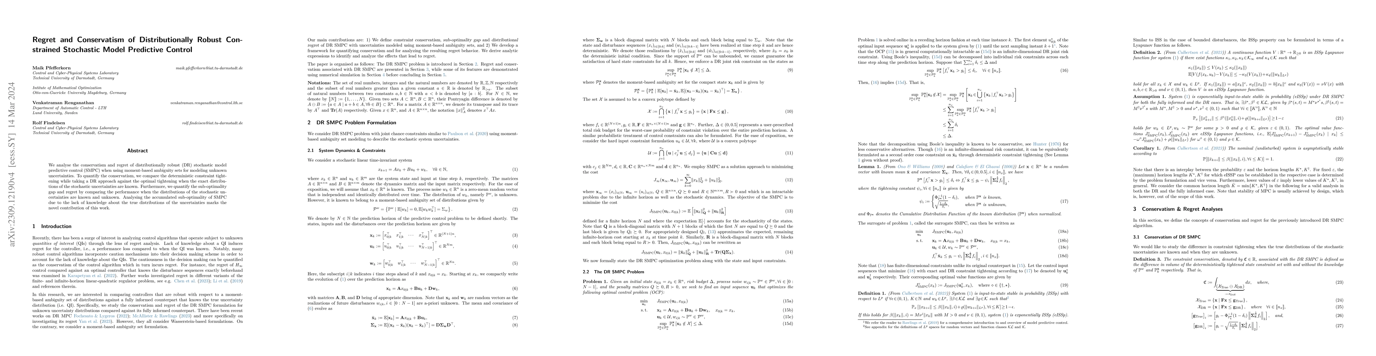 Thumbnail for Regret and Conservatism of Distributionally Robust Constrained
  Stochastic Model Predictive Control