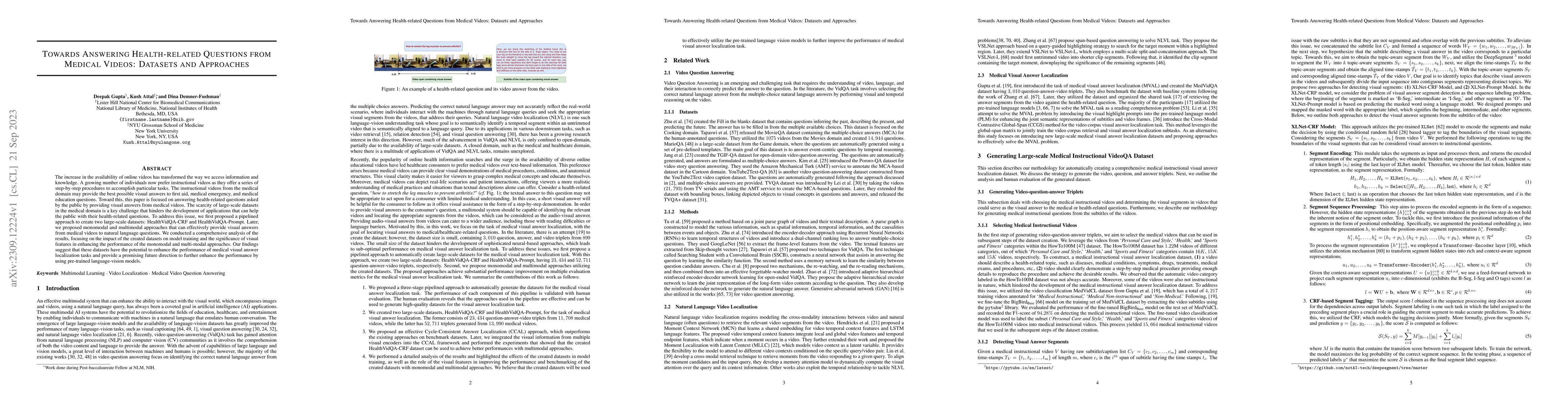 Thumbnail for Towards Answering Health-related Questions from Medical Videos: Datasets
  and Approaches