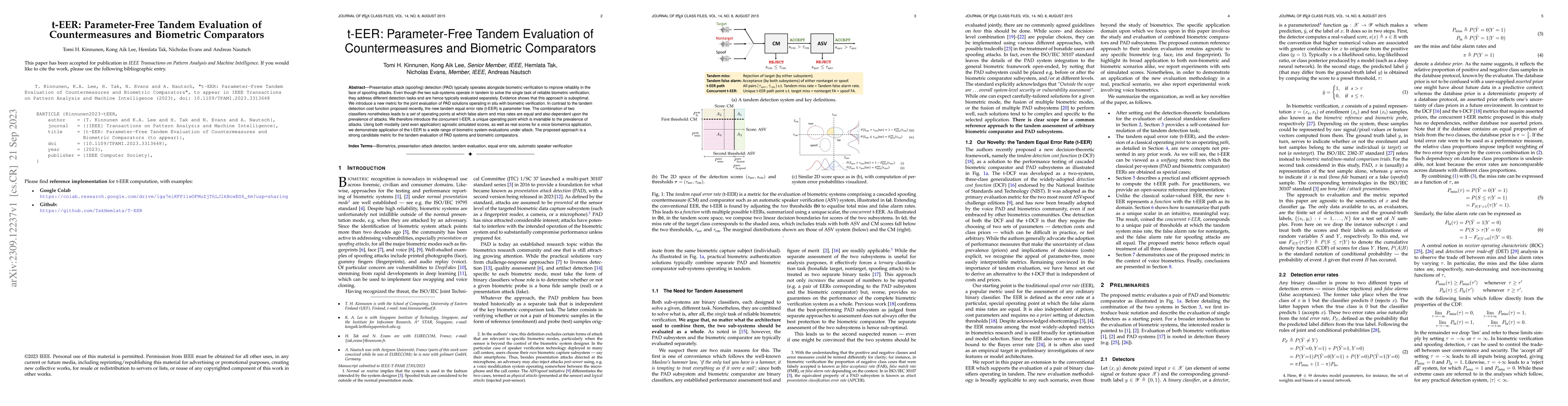 Thumbnail for t-EER: Parameter-Free Tandem Evaluation of Countermeasures and Biometric
  Comparators